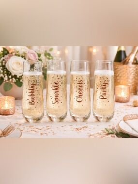Set of 4 Festive Champagne Flutes - Rose Gold Lettering